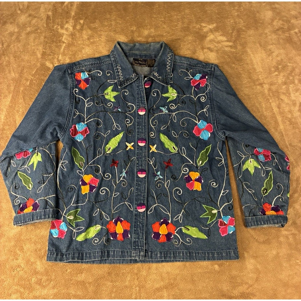 VTG New Direction Women Jacket M Blue Floral Embroidered Oversized Whimsical Y2K